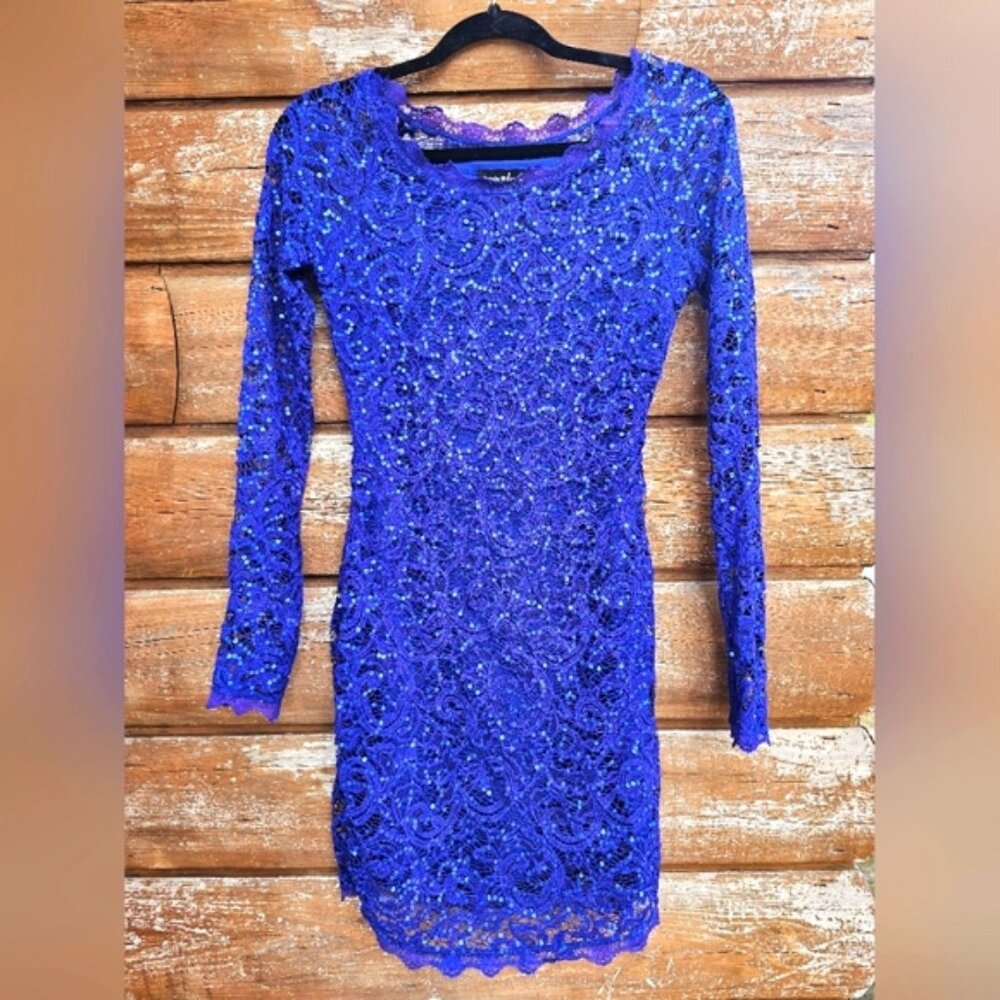 Sequin Hearts Deep Blue/Purple Sparkly Sequin Lace Bodycon Mini Longsleeve Dress